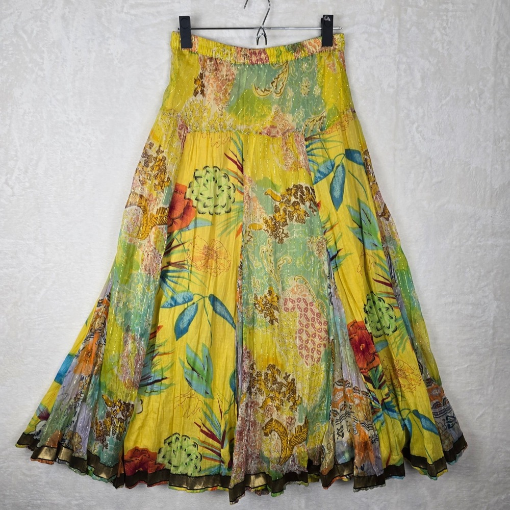 Anu by Natural Anii Yellow Floral Paisley Metallic Lurex Maxi Skirt Small Boho
